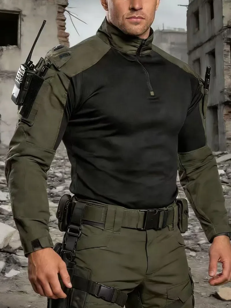 Men's Tactical Combat Shirt Quick Dry Military Long Sleeve Shirt with Arm Pockets for Outdoor Hiking Airsoft Hunting