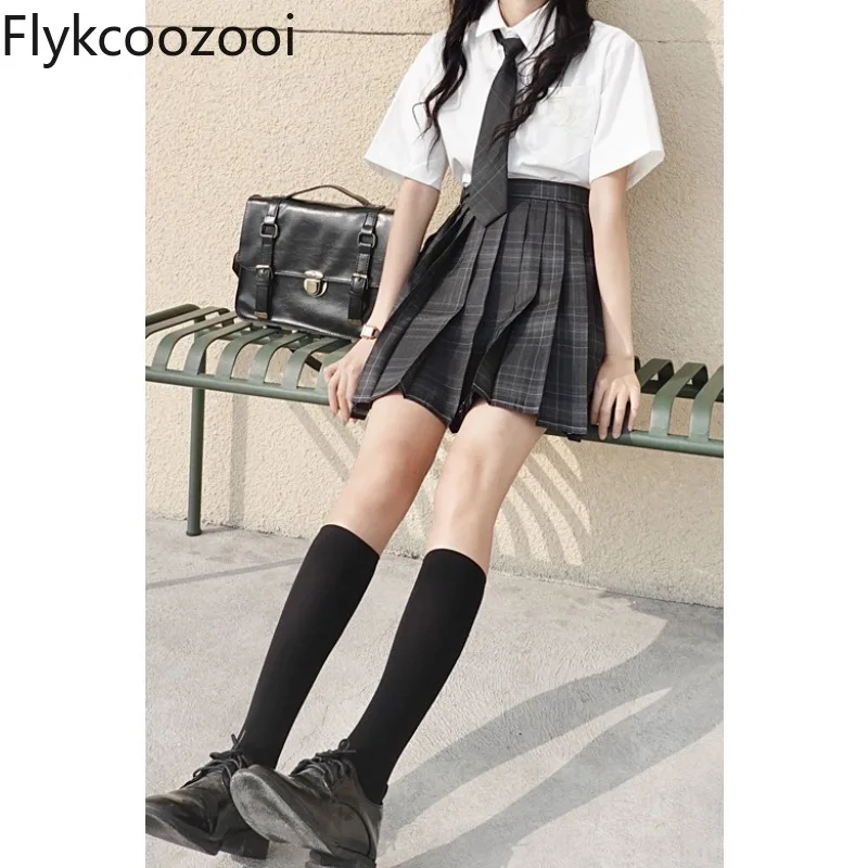 

College Jk Uniform Set White Short Sleeve Shirt Women High-waisted Pleated Plaid Skirt Summer Girl Academy Japanese Three Pieces