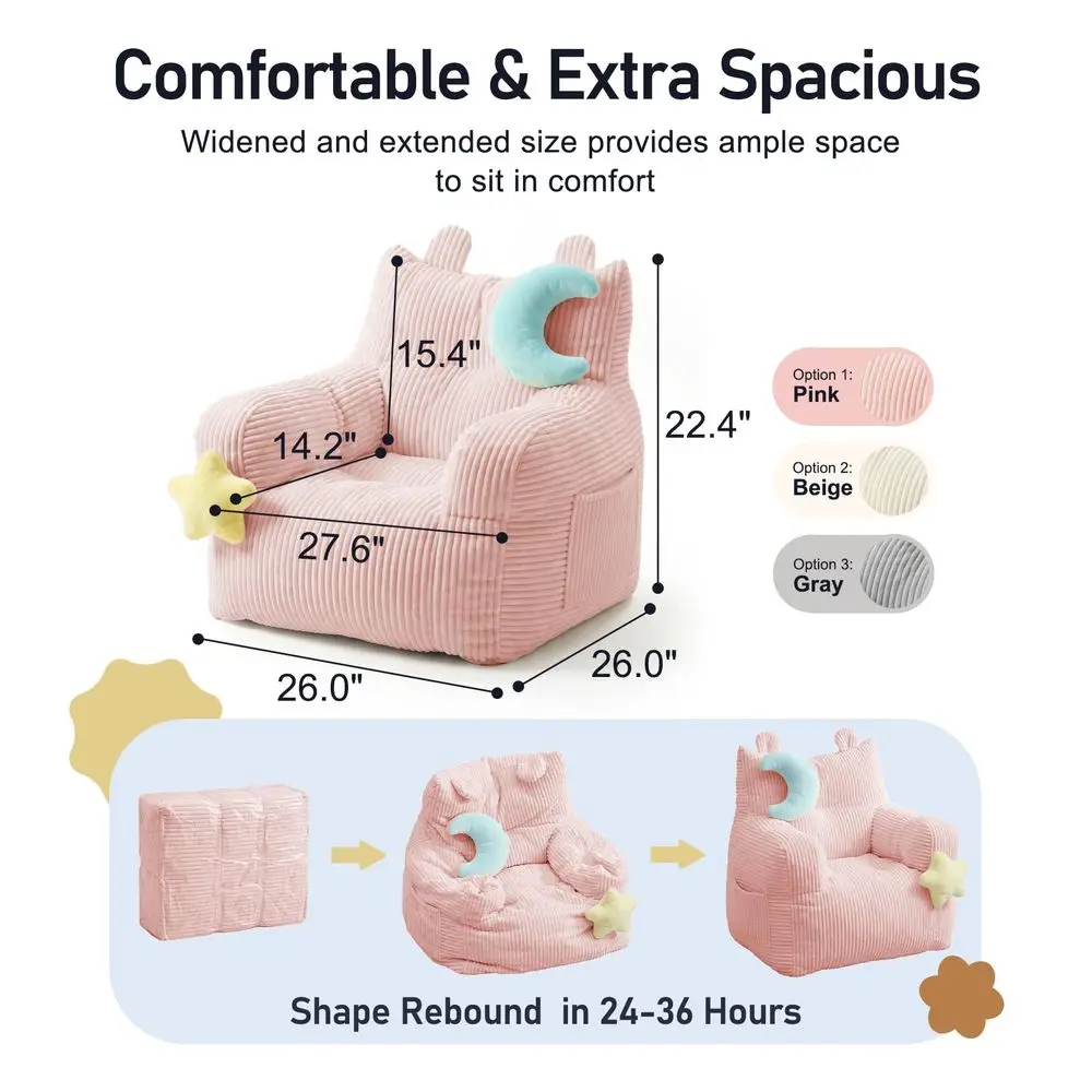Bean Bag Chairs for Kids, Comfy Bean Bag Chair with 2 Plush Toys, Toddler Chair with Pocket, Stuffed Lazy Sofa with Filler for