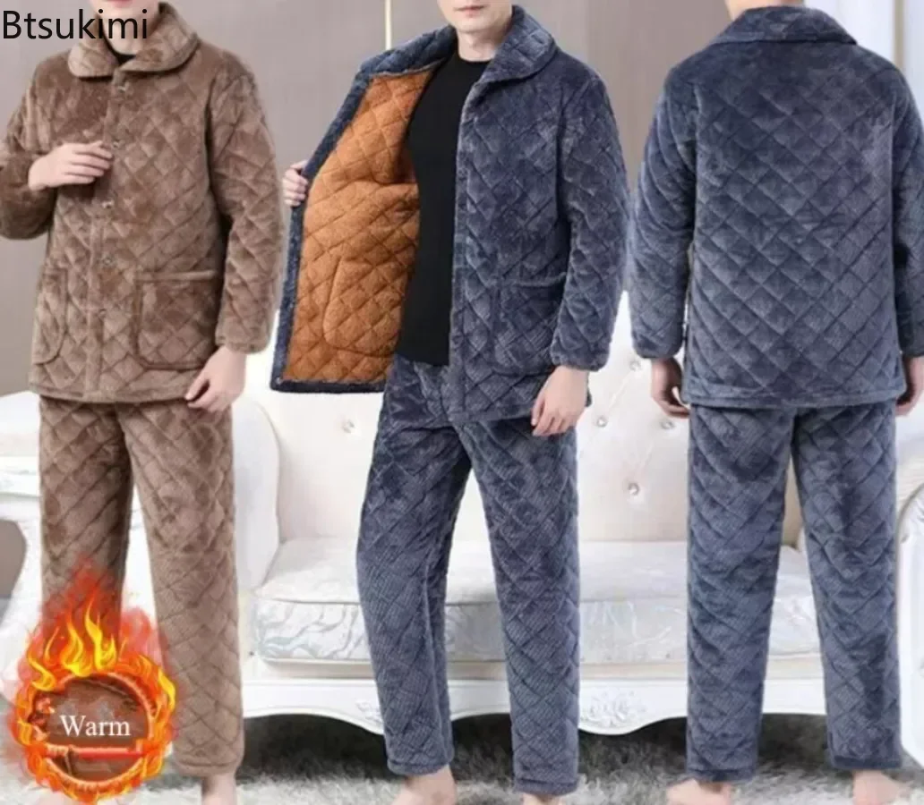 Winter New Men's Three-layer Thickened Pajama Set Cozy Coral Fleece Warm Home Cotton-padded Two Pieces Men Lounge Sleepwear Suit