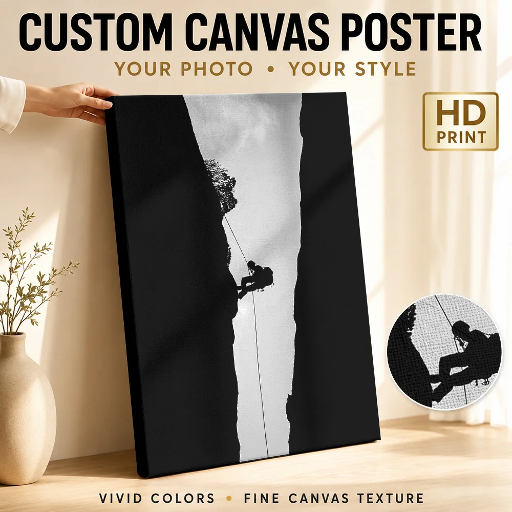 Silhouette of a rappeller descending a canyon Canvas Print Poster Personalized Photo Sports Portrait Wall Art for Office Decor