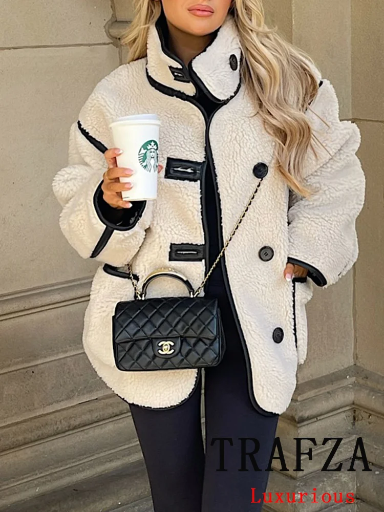 TRAFZA Vintage Casual Chic White Women Jackets Solid Stand Collar Long Sleeve Warm Coat New Fashion 2024 Autumn Winter Outwear