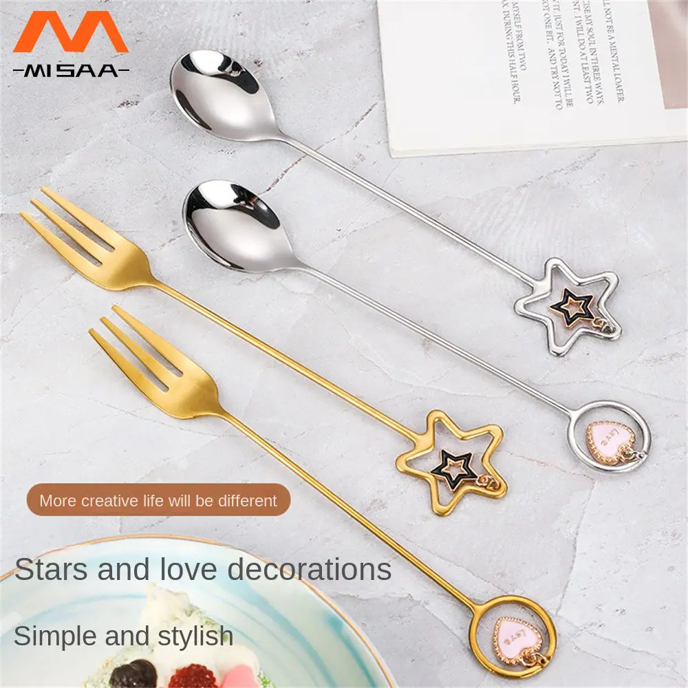 Fruit Fork Creative Heart-shaped Pendant Dessert Fork Long Handle Tableware Handle Spoon Gold-plated Five-pointed Star Spoon