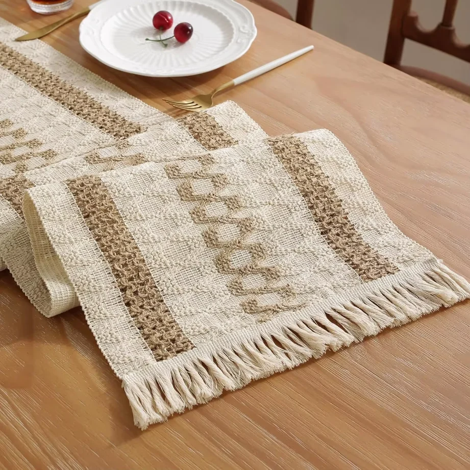 Boho Table Runner Full Sizes With Tassels, Cream Brown Rustic Farmhouse Kitchen Table Decor For Wedding Party Holiday Dining