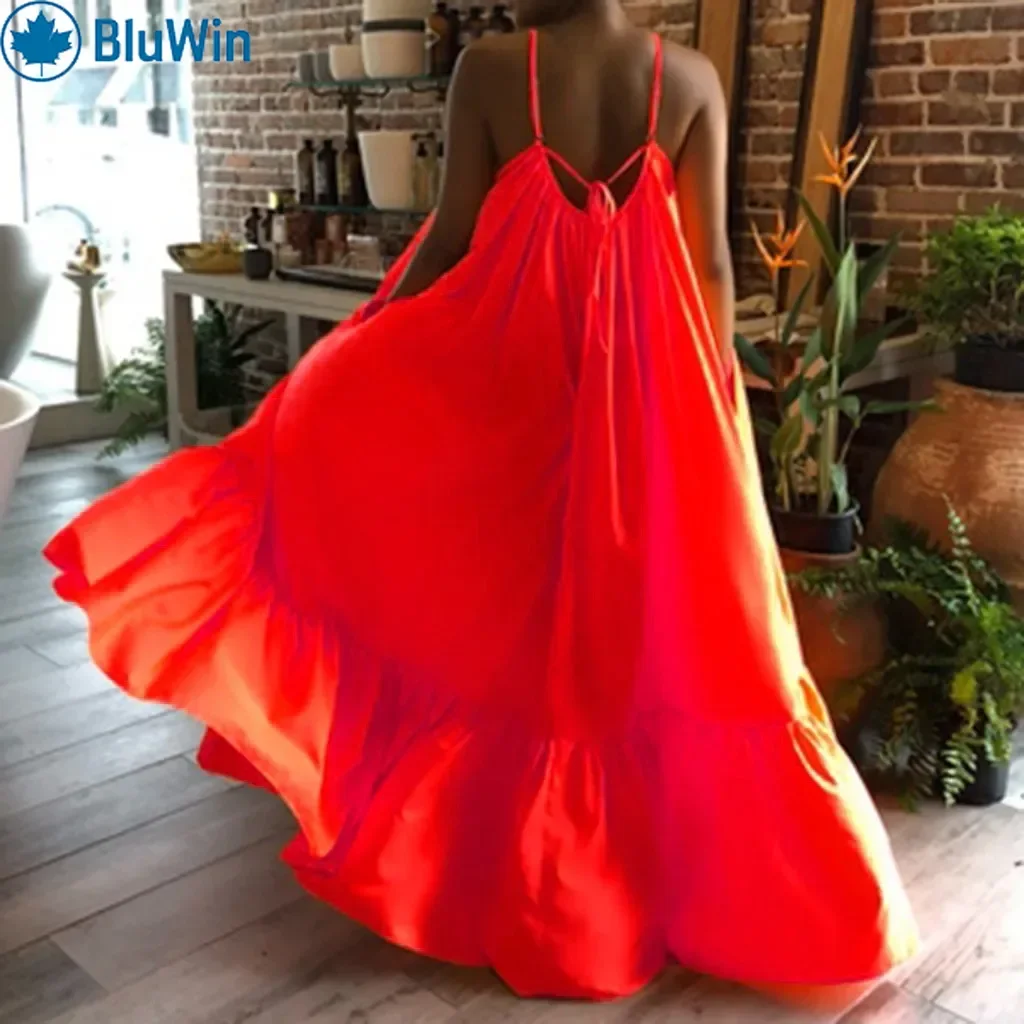 BluWin 7Colors Slip Maxi Dress Women Spaghetti Strap Ruffle Hem Front Slit Flowy Red Beach Vacation Party 