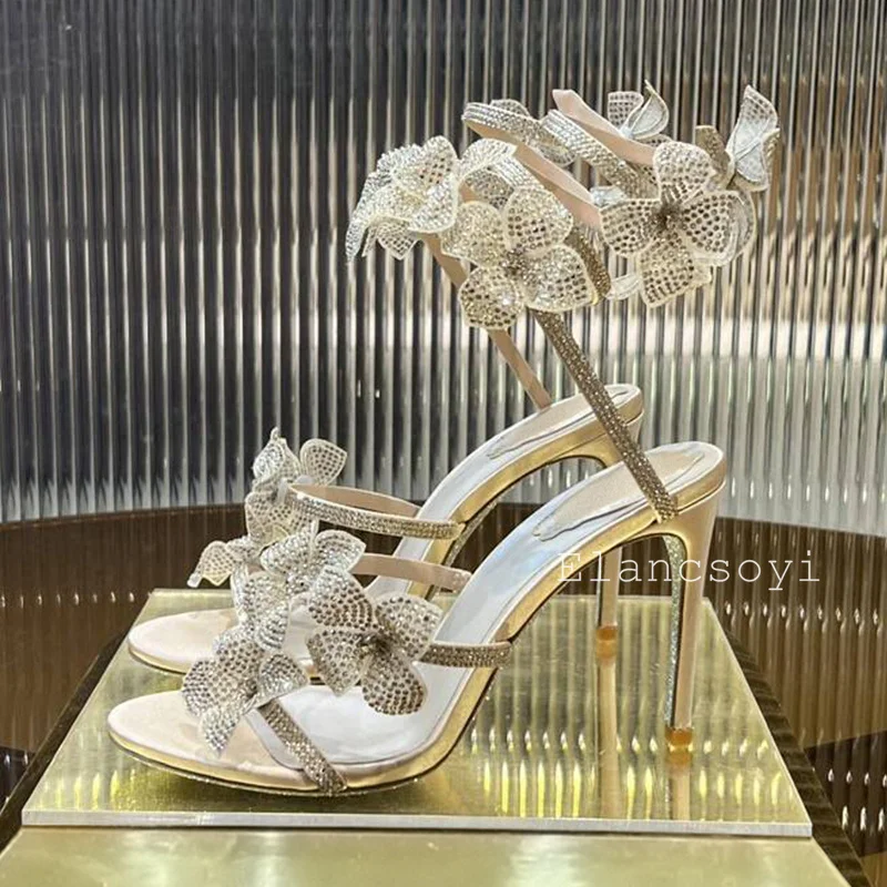 Sandales gladiateur à talon fin pour femmes, chaussures de banquet, chaussures de mariage, conception de fleurs en cristal brillant, Parker ouvert, bande élastique, été