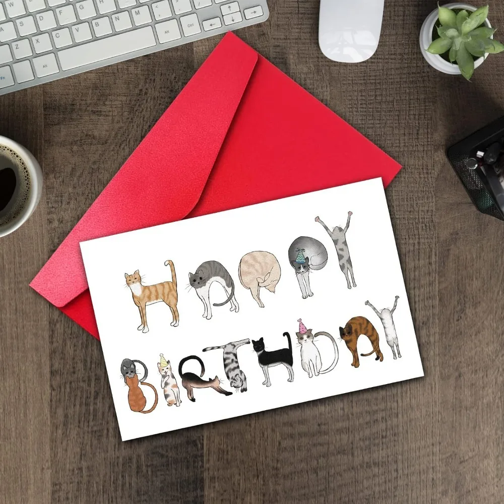 Cat Alphabet Birthday Greeting Card | Whimsical Cat Illustration Birthday Card with Red Envelope | Ideal for Cat Lovers - view 4