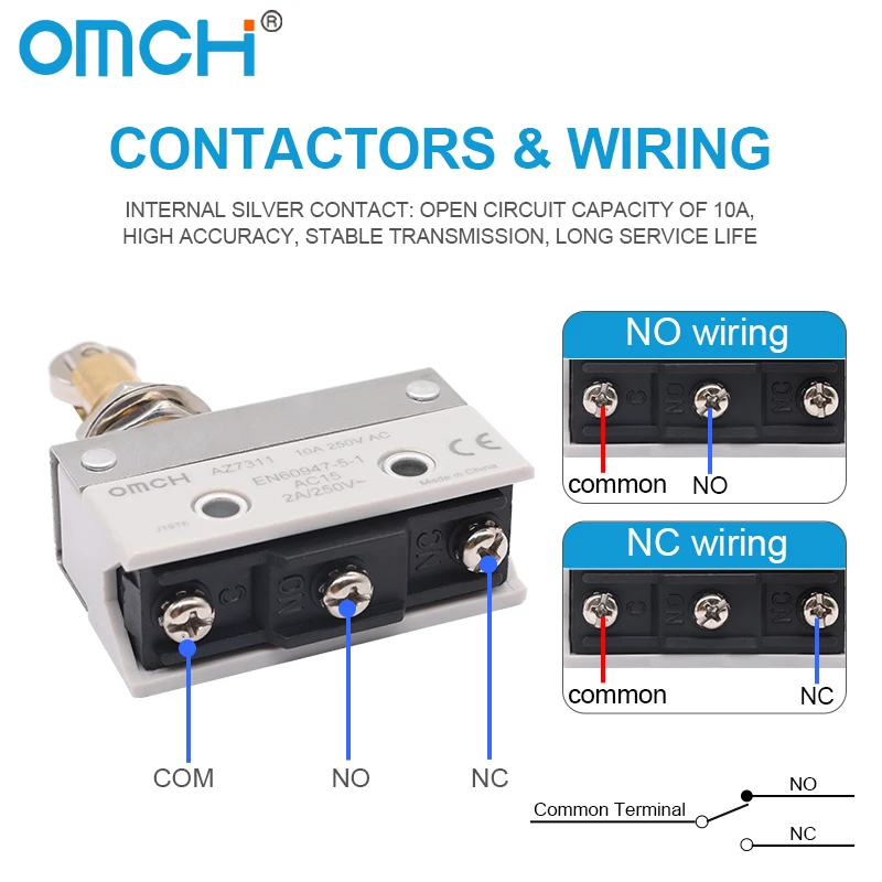 OMCH 1/5/10 SZT. 10A 250VAC Srebrne styki Samoresetujący się wyłącznik krańcowy serii AZ Wodoodporny Mały poziomy przełącznik krańcowy z rolkową dźwignią