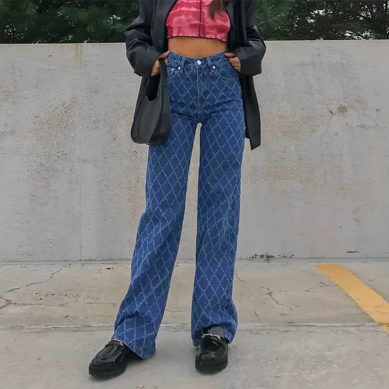 

Women High Waist 90s Streetwear Argyle Plaid Baggy Jeans Trousers Vintage Indie Pants Y2K Aesthetics Blue Denim Skater Outfits