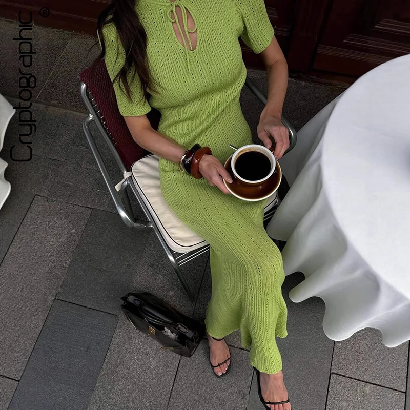 

Cryptographic Elegant Knitted Short Sleeve Maxi Dress Autumn Outfits for Women Casual Solid Sweater Dresses Bodycon Clothes