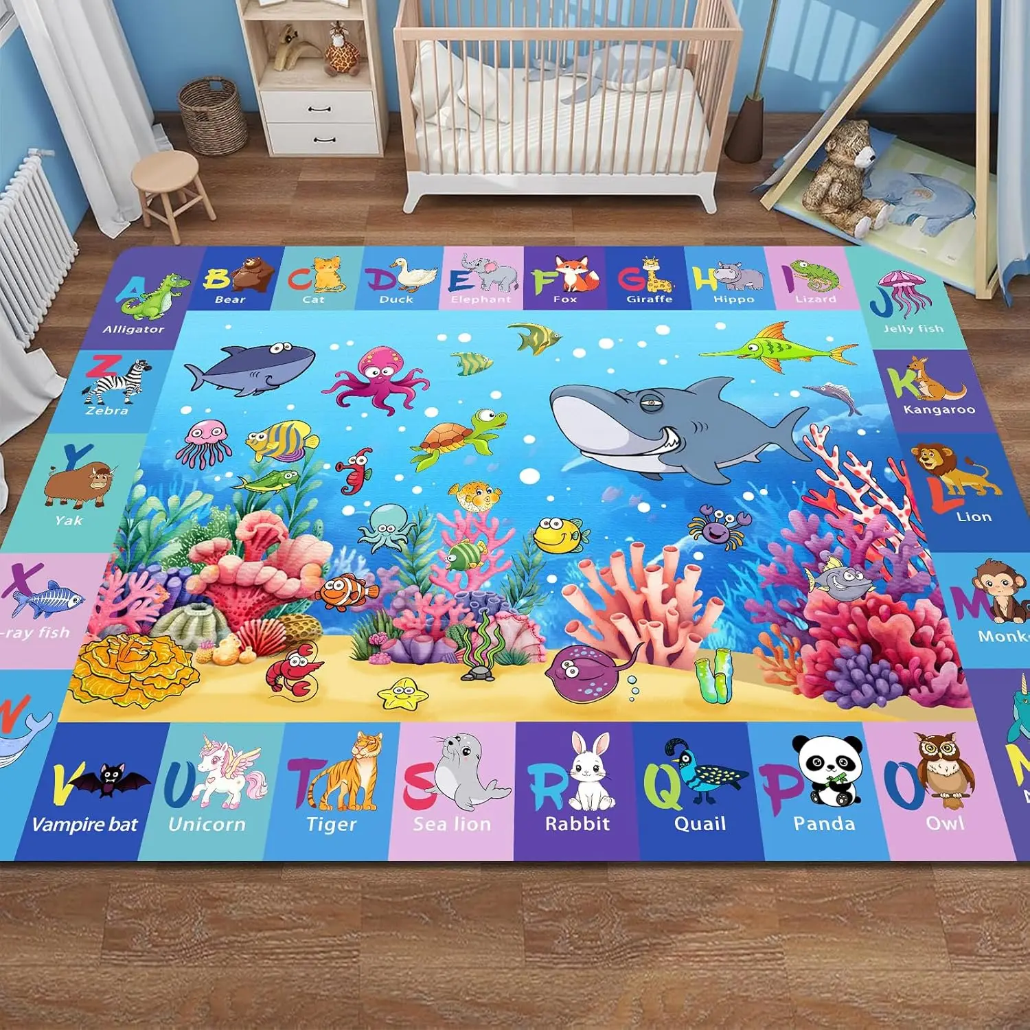 

Alphabet Play Rugs for Kids Playroom, Under Ocean Sea Boys ABC Rug for Living Room Educational Game Mat Kids Bedroom Carpet for