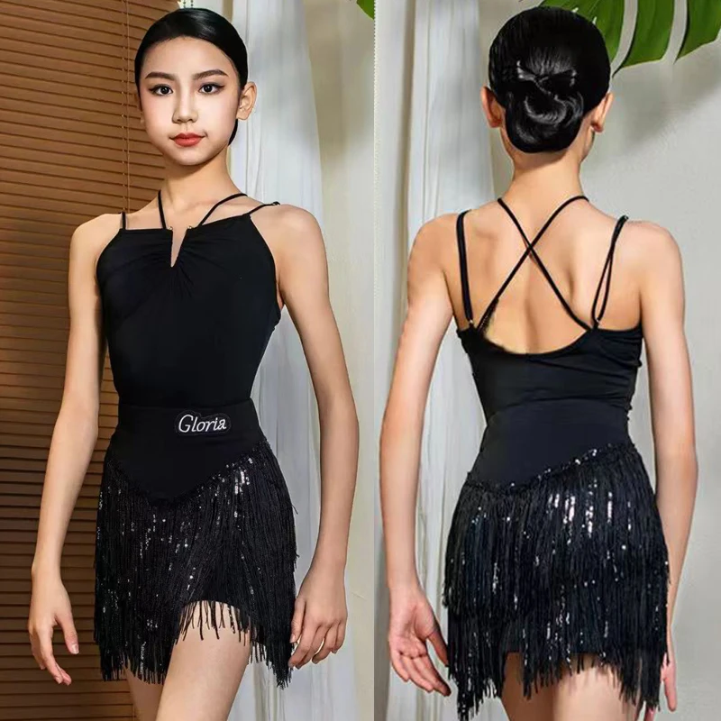 الأطفال اللاتينية الرقص هامش اللباس مجموعة للفتيات عبرت الظهر شرابة Dancewear تشا تشا سامبا الجاز المنافسة أداء زي