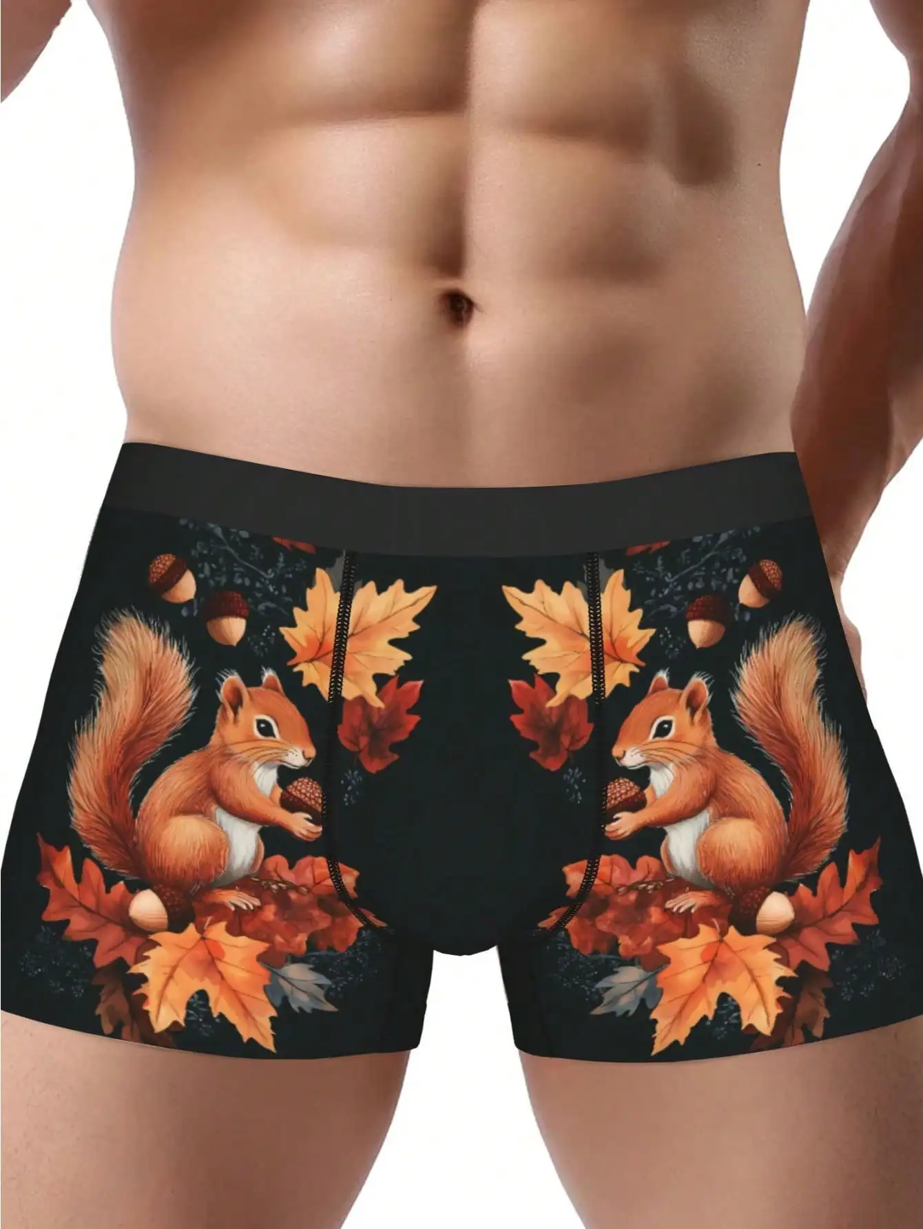 

Mens Boxer Briefs Autumn Squirrel Acorn Leaf Print 100% Polyester Soft Breathable