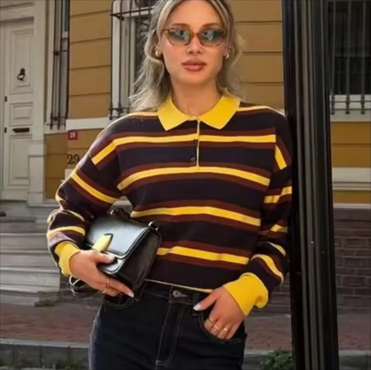 

Женские модные полосатые вязаные свитера с воротником с лацканами, свободные женские повседневные лоскутные трикотажные изделия с длинными рукавами