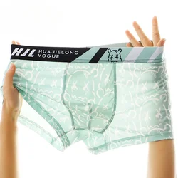 Men's Boxers Underwear Fashion Bear Printed Translucent Slim Fitting Thin Breathable Panties Ice Silk U Convex Pouch Underpants