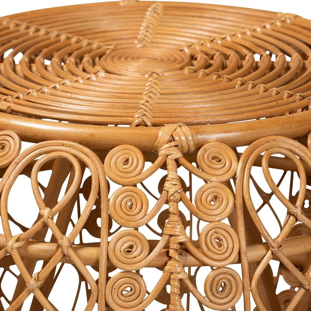 Bohemian Natural Rattan Coffee Table Round Openwork Design Lightweight Fully Assembled Indoor Use Geometric Curled Base