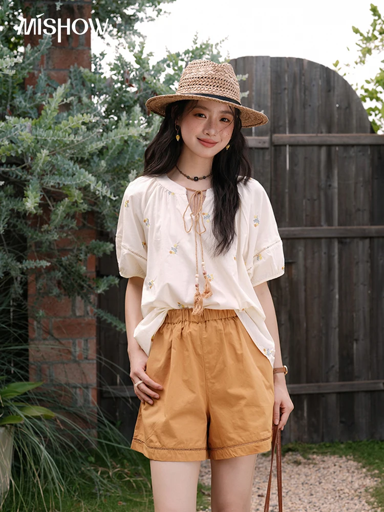 

MISHOW Women Two-Piece Set 2025 Summer Puff Sleeve Lace Up Top Hollow Lace Spliced Elastic Waist Shorts Ladies Set MXE38T0684