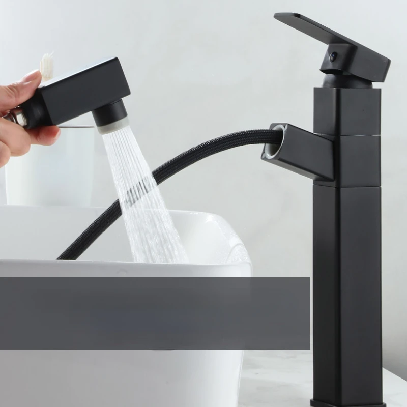 Above Counter Basin Faucet Pull-out Hot and Cold Heightening Black Bathroom Washbasin Sink Basin Faucet Retractable