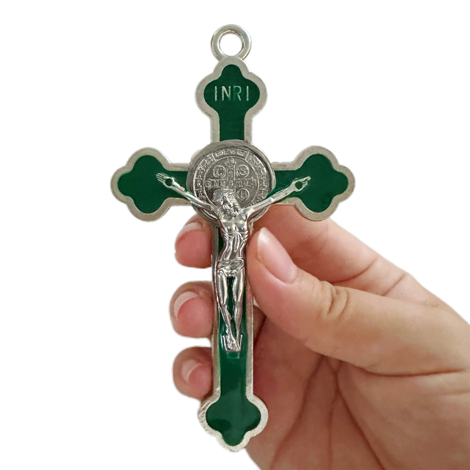 Green Clover Crucifix Wall Cross-St. Benedict Metal Wall Art-5.0 InchX2.7 Inch