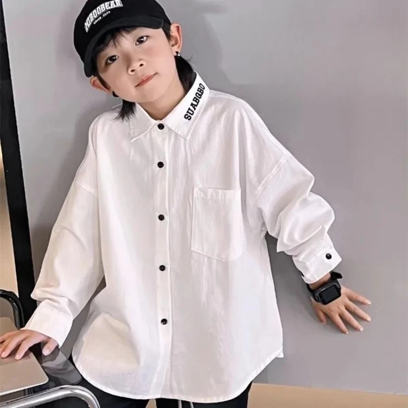 2025 Spring Autumn Boys White Long Sleeve Shirt Letter Embroidery Casual Wear Korean Style Trendy Outfit for Tween Boys