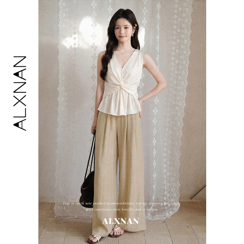 ALXNAN Women's Apricot Pants 2026 New Summer Loose Straight Leg Good Drape Fabric Trousers Casual Elegant Ladies Bottom L672109A