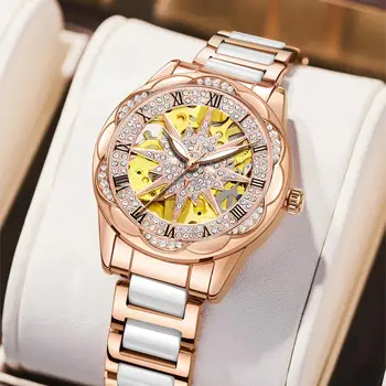 KUERST Lady ceramic double press butterfly buckle mechanical watch waterproof luminous hollowed out Roman star watch KUERST Lady ceramic double press butterfly buckle mechanical watch waterproof luminous hollowed out Roman star watch