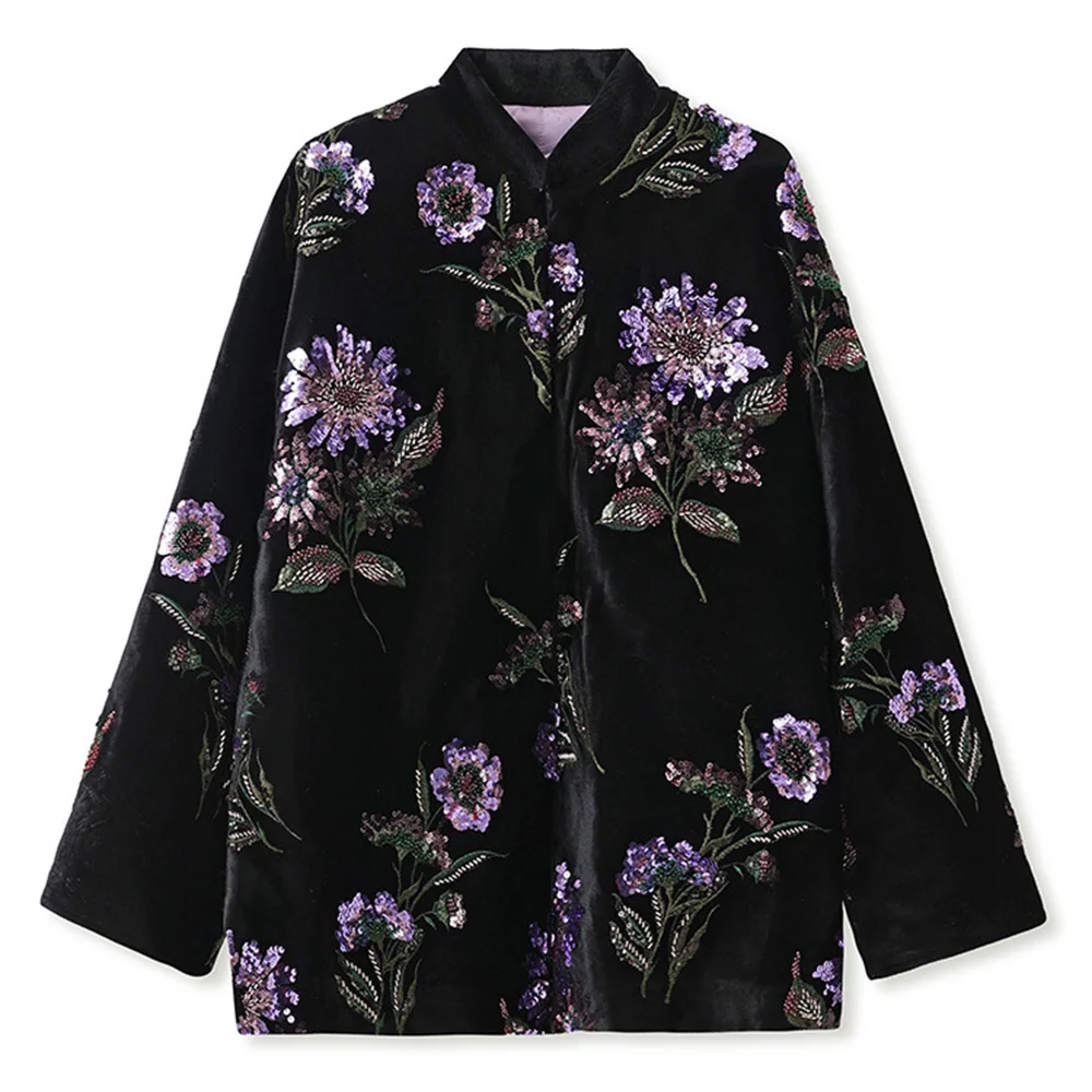Chinese National Embroidery Jacket Women Beautiful Sequins Temperament Jacquard Ethnic Coat For Spring Autumn