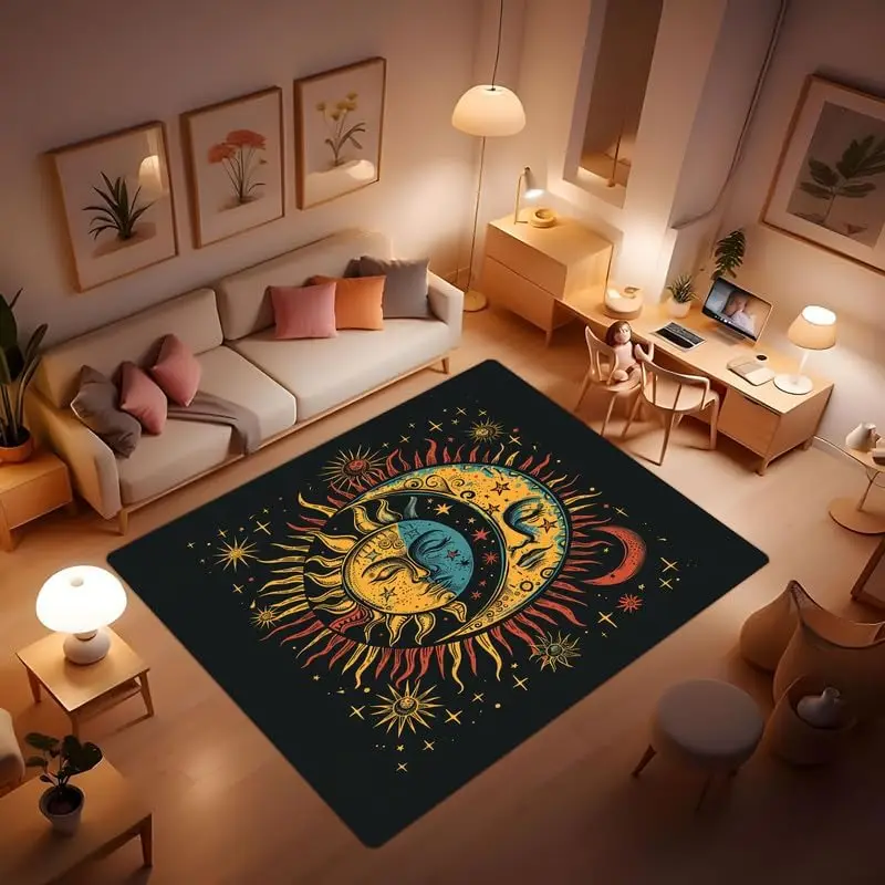 

Moon and Sun Carpet Bohemian Decorative Rug, Washable Rug for Bedroom Office Hallway Living Room Mysterious Crescent Moon Sun