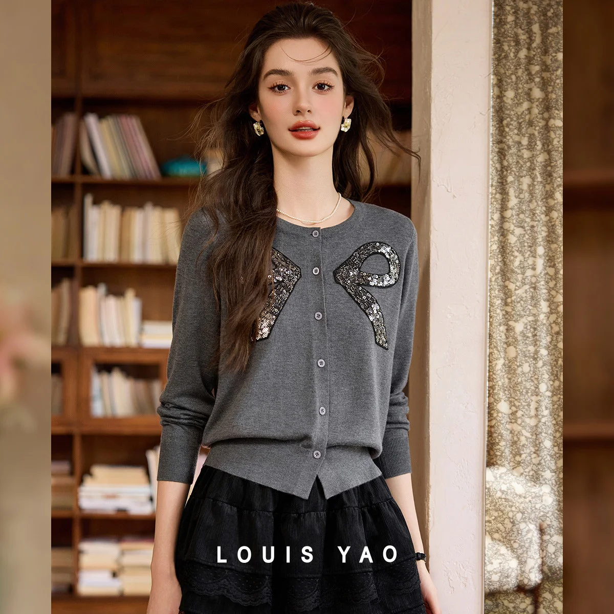 

LOUIS YAO Wool-Blend Sequined Bow-Knit Cardigan 2025 Autumn & Winter Fashion Elegant Regular Shoulder Women's Knitwear