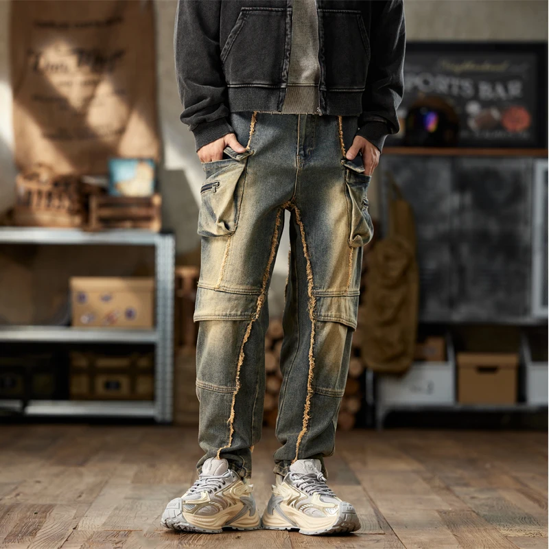 New Arrival Top Fashion Cross Vintage Autumn And Winter Casual Cargo Design Loose Straight Denim Men Jeans