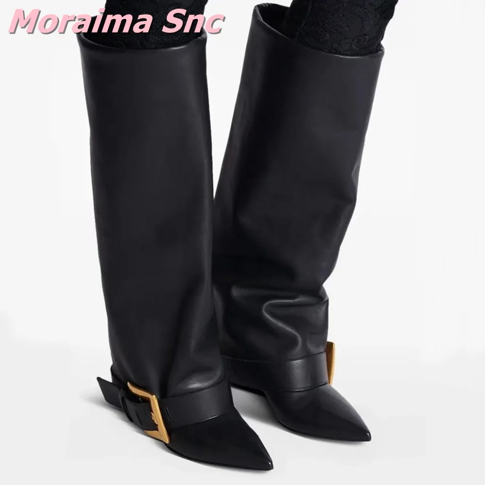 

2026 Belt Buckle Knee High Boots Turned-over Edge Pointed Toe Stiletto High Heel Fashion Women Long Modern Boots Autumn New In