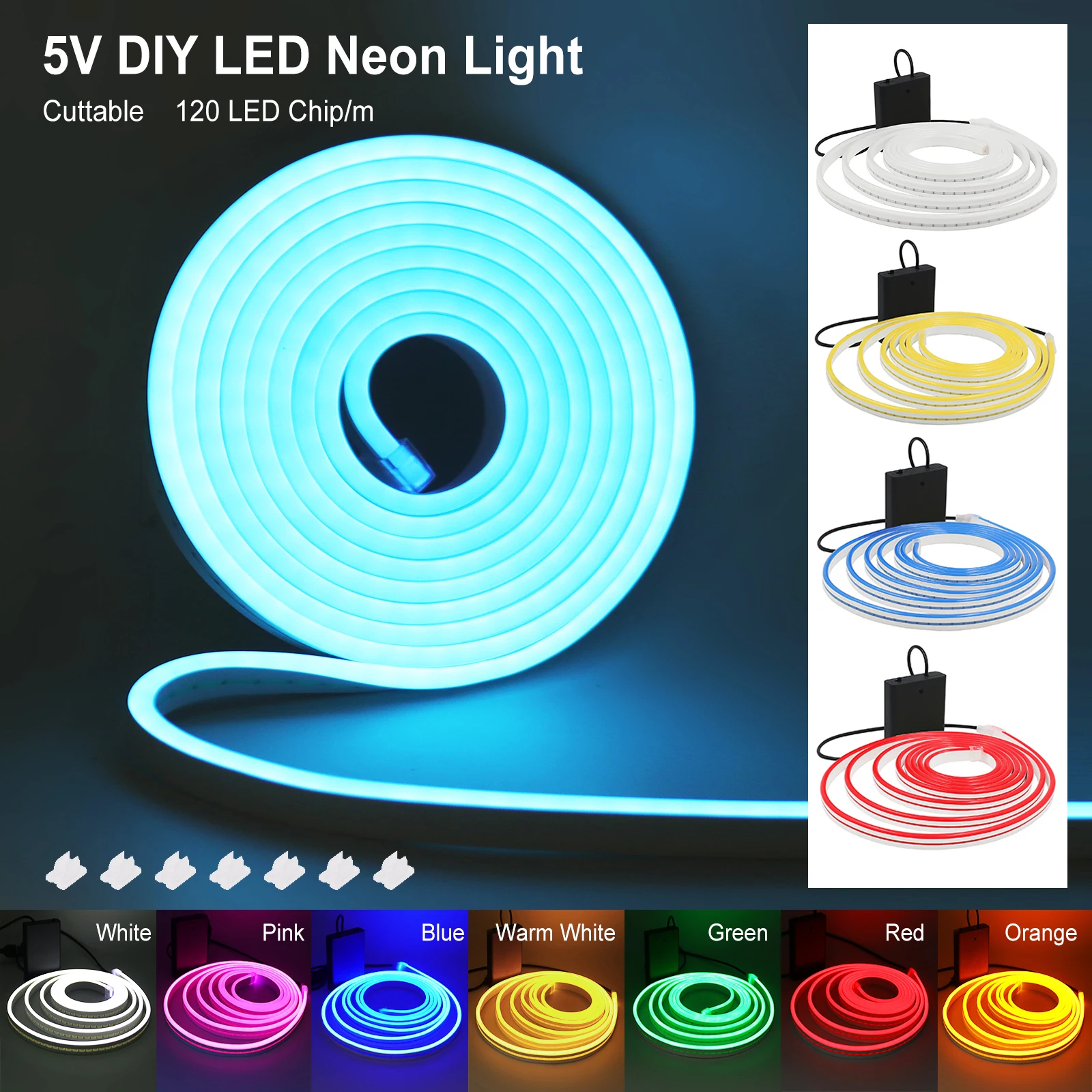 USB แบตเตอรี่ขับเคลื่อน 5V Neon Strip 2835 120 LEDs/M สีขาว/สีฟ้า/สีชมพู/สีเหลือง/สีเขียว/สีแดงบ้าน DIY Decor ริบบิ้นเชือก LED Strip