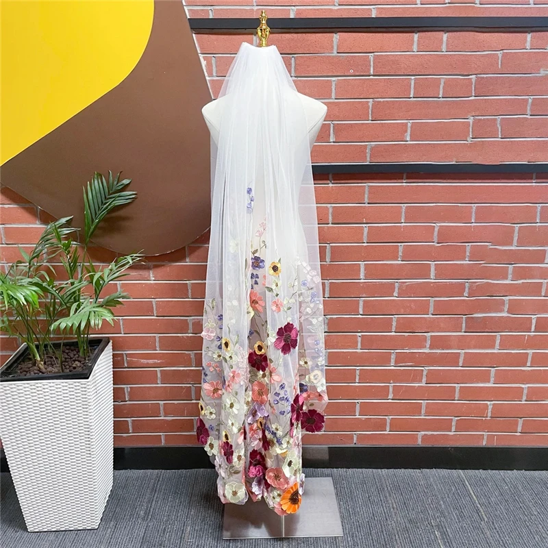 

Sunflower Multicolored Floral Wedding Bridal Veils With Comb Waltz Accessorie For Brides Colorful Yellow Burgundy Flowers Unique