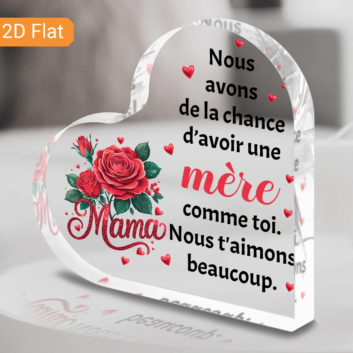 Acryl-Herz-Schild mit Roter Rose - Französische Schrift, Muttertags-Tischdekoration, Sentimentales Geschenk für Mama