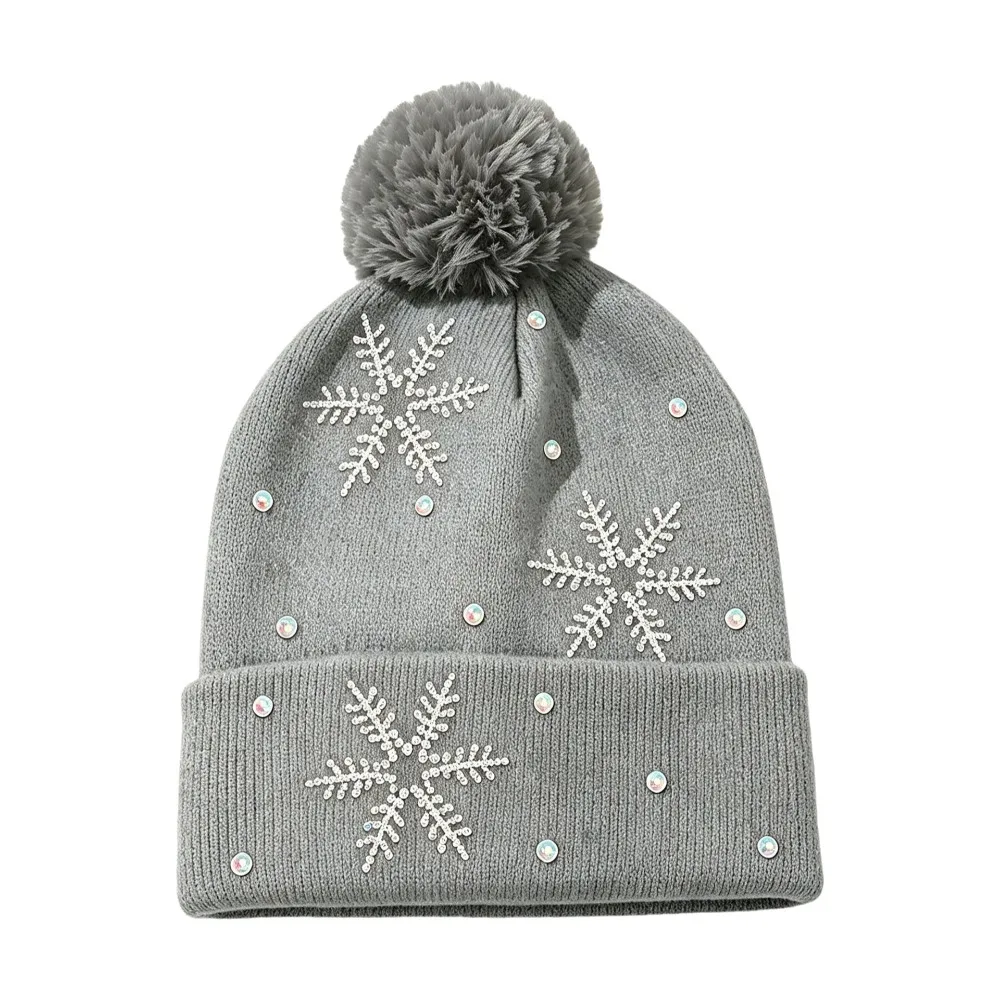 Thickened Women Snowflake Knitted Hat Keep Warm Ear Protection Pullover Hat Warm Snowflake Rhinestone Warm Beanie Hat Autumn