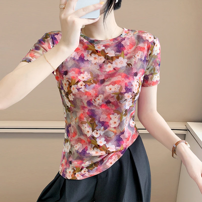 2025 Women's Retro Print Short Sleeve Tee: Sheer Mesh, Unique & Chic Vintage Style Summer Top