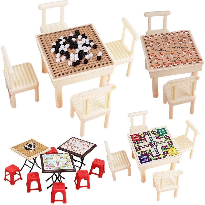 1 Juego de mesa de ajedrez en miniatura con silla, Mini ajedrez volador, juego de mesa Ludo, modelo de simulación, tablero de ajedrez, accesorios de decoración para casa de muñecas