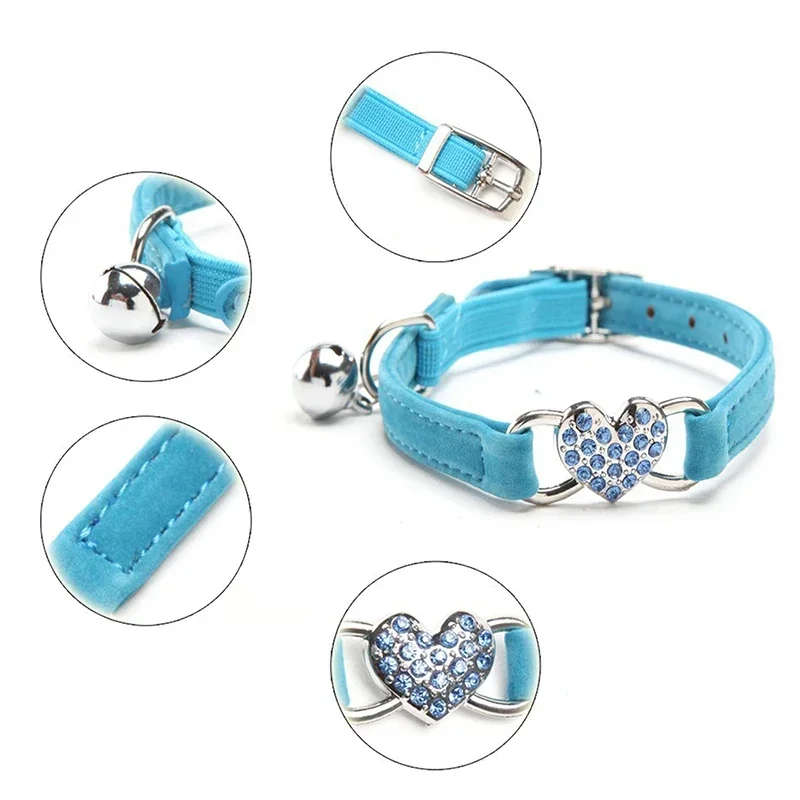 8 Colors Adjustable with Soft Velvet Material Pet Product Small Dog Collar Heart Charm and Bell Cat Collar Safety Elastic