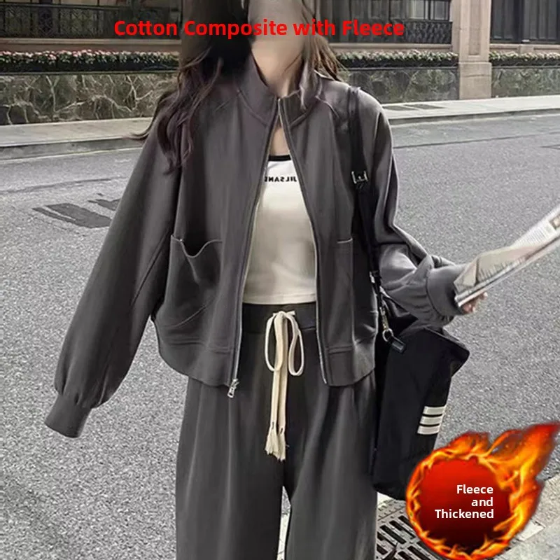 Women's Fleece Lined Sweatshirt Set Casual Running Outfit Slimming Winter Fashion Hong Kong Style Open Cardigan Two Piece Set