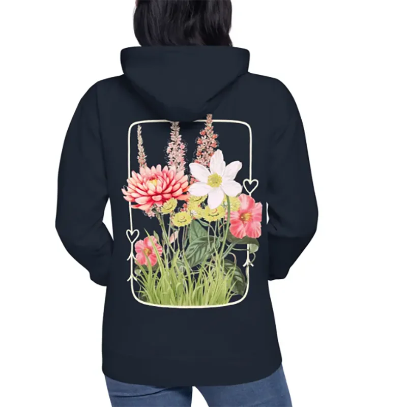 Felpa con cappuccio floreale vintage da donna con stampa casual con coulisse in morbido cotone per l'autunno o l'inverno per abbigliamento streetwear da donna