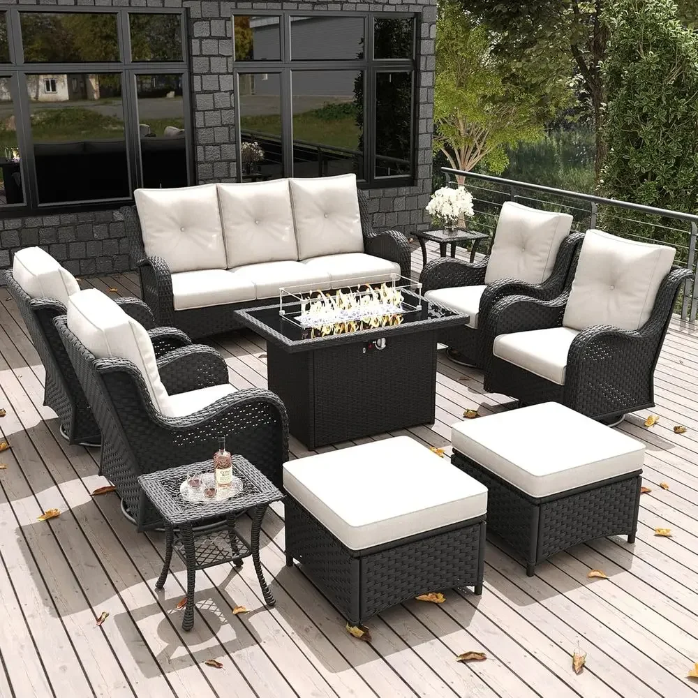 10-Piece Outdoor Patio Furniture Set with Fire Pit, Rattan Wicker Sectional, Swivel Rocker Chairs, Ottomans, and Coffee Table