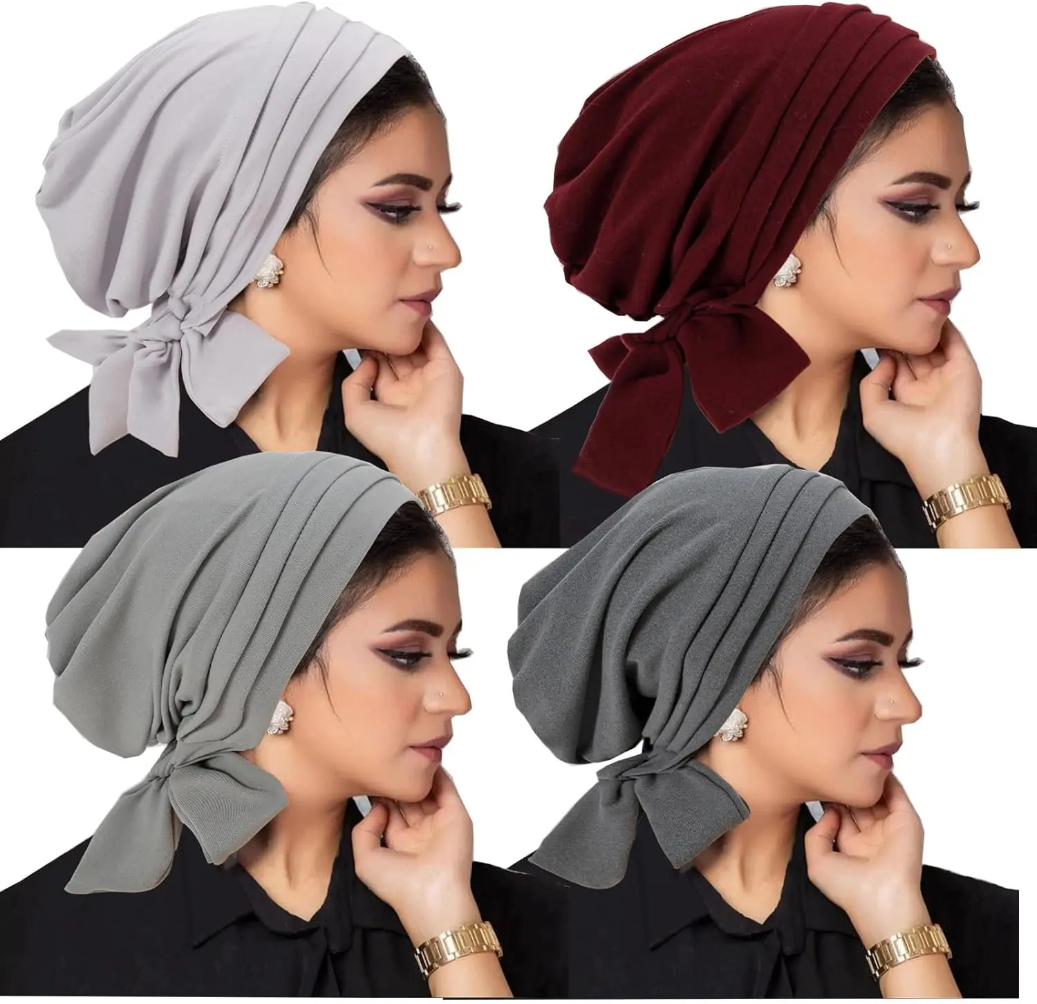 4 Pieces Ramadan Solid Color Turban Hijab Long Tail Head Wraps Muslim Hats Breathable Chemo Cap for Women Hair Loss Bonnet Mujer