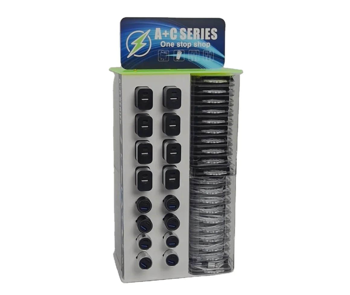 72pcs Usb A+C Wall Charger Car Phone Charger Type-c to Type-c Usb Cable with Crystal Box Floor Display Racks