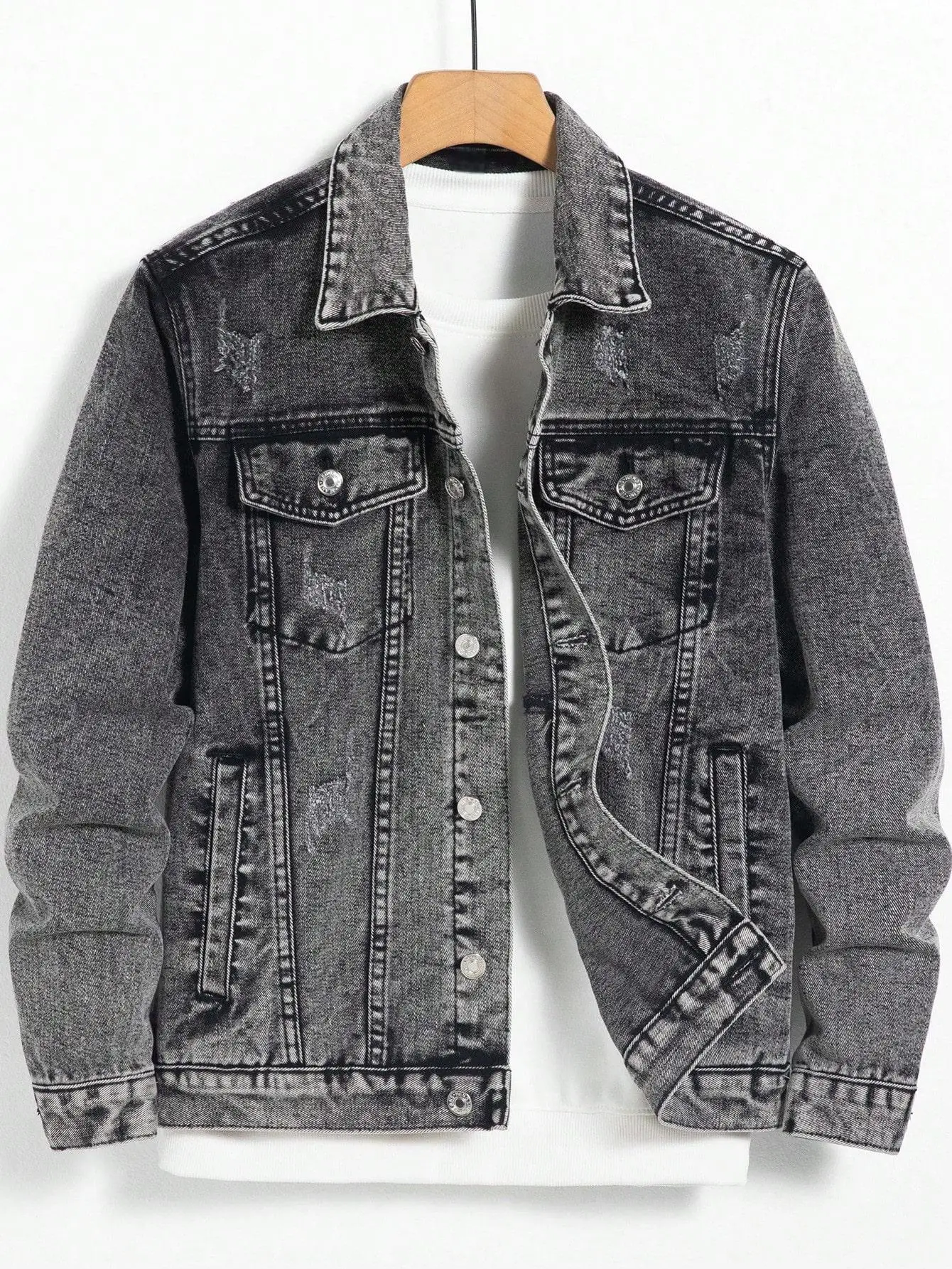 

Men's denim jacket for spring and autumn. Dark gray denim coat. Retro, trendy and fashionable. For daily casual wear.
