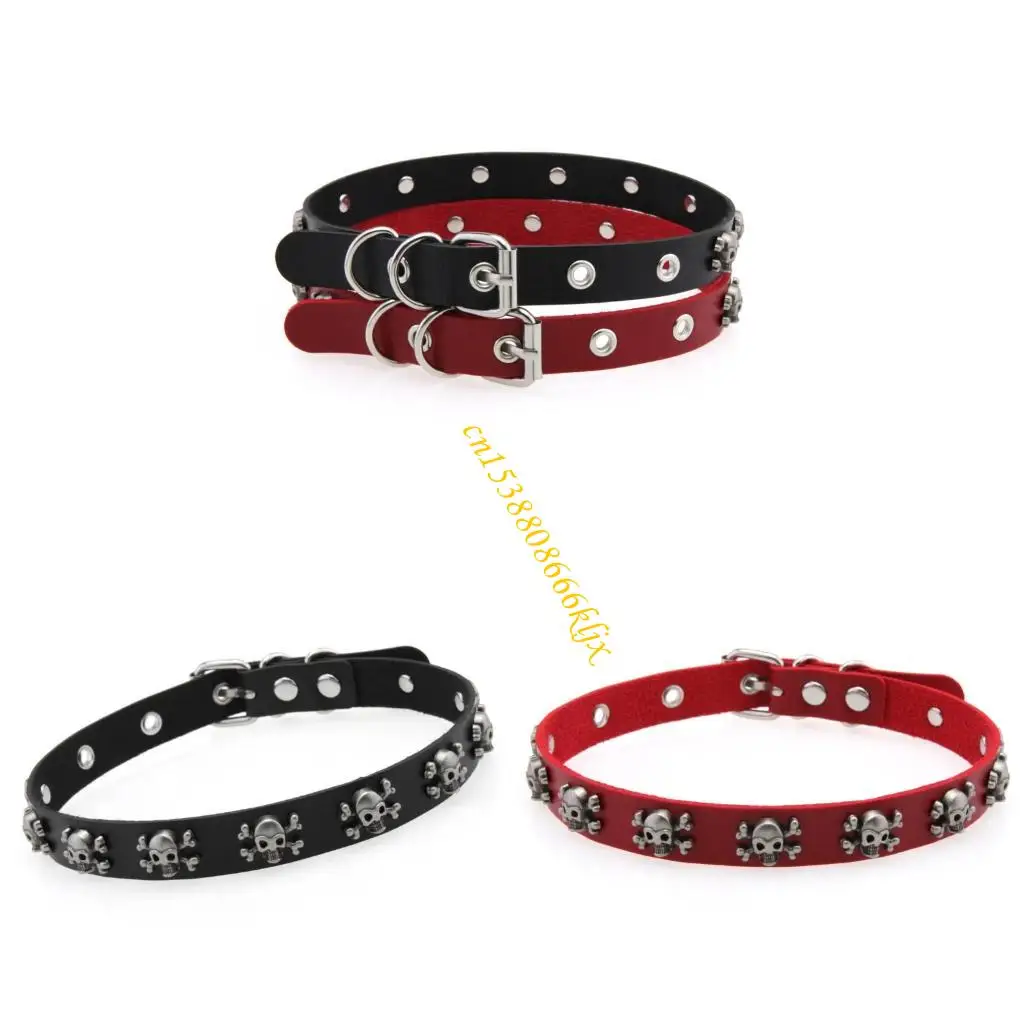 

Metal Decorated Black Leather Choker Collar Punk Skull Jewelry For Adults 066C