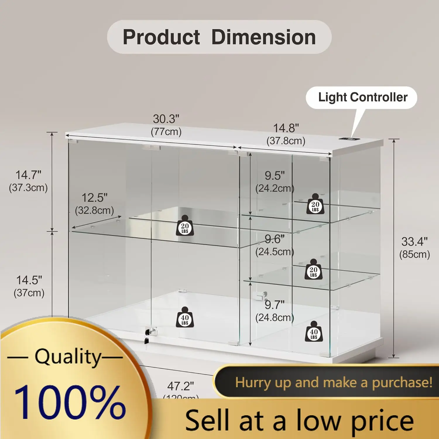RGB Glass Display Cabinet with Lock for & Glass Shelves Collectibles, White | High Gloss Curio Cabinet Sideboard with Human Body