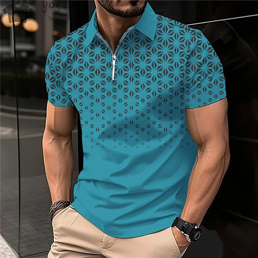 Summer Geometric Print Men's Clothing Simple Graphic T shirts Polo Lapel Mens Clothing Summer Fashion Men's Shirts Harajuku Tops