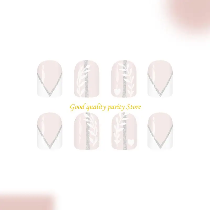 M4YA エレガントなフレンチホワイトグリッタースクエアフェイクネイルショート光沢プレスオン24個