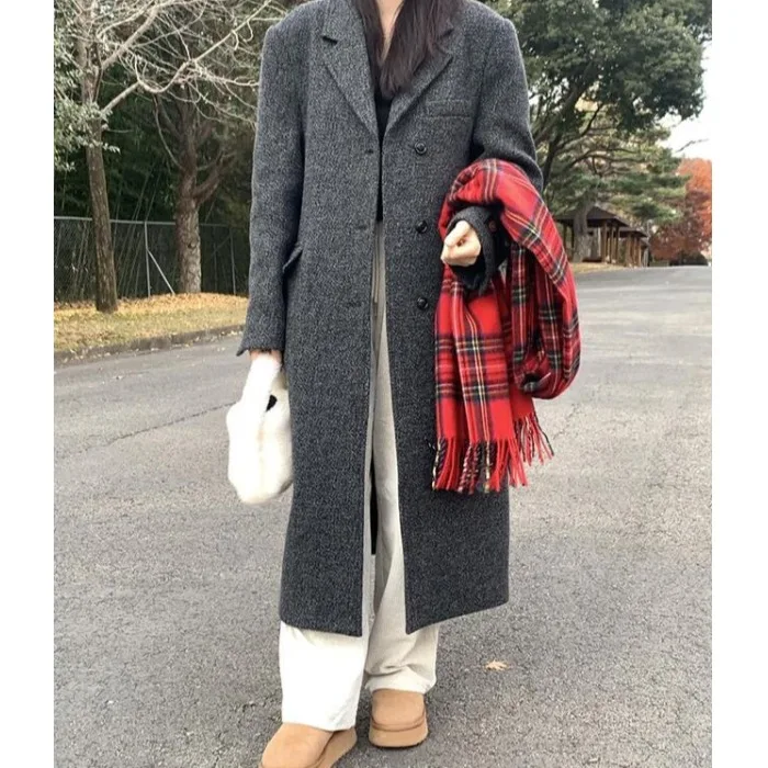 

Женское шерстяное пальто, длинное длинное пальто с лацканами на одной пуговице, осень-зима, новое шикарное ретро-универсальное длинное пальто для поездок на работу