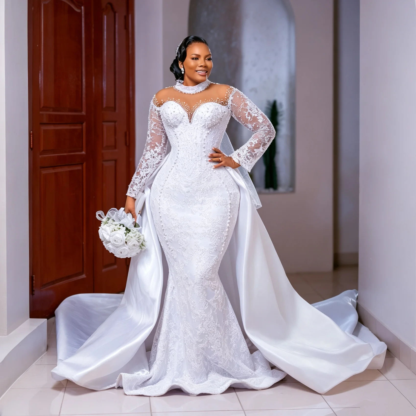 White Mermaid Pearl Decoration Wedding Dress Sweetheart Neck Long Lace Sleeves Formal Wedding Bridal Ball Dress Customization